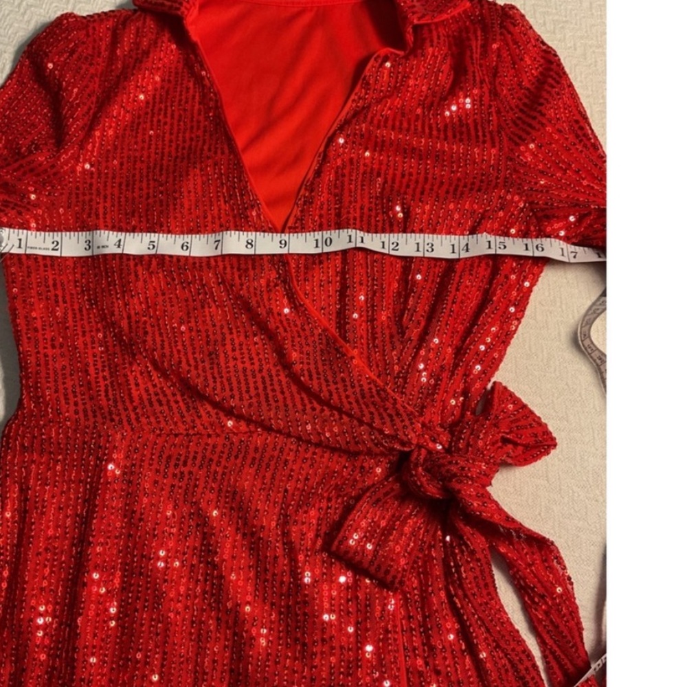 Red Sequin Wrap Dress Long Sleeve V Neck Double Crazy Size S Party Club Mini - Picture 5 of 11